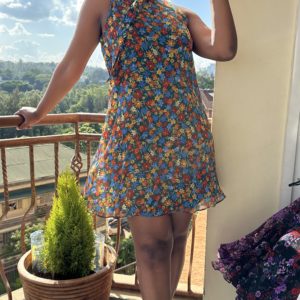 Tie neck sleeveless floral print trapeze dress