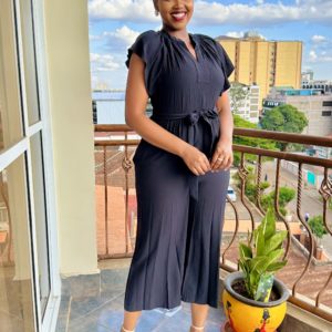 Gauze split v- neck jumpsuit